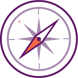 Pictogramme d'une boussole aux couleurs de notre portail (violet et rouge)